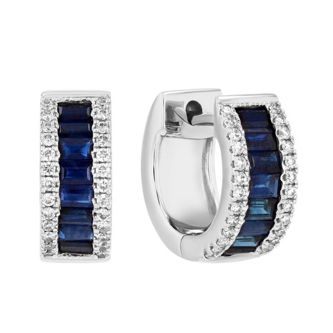 Baguette Sapphire & Round Diamond Channel Set Huggie Hoop Earrings in White Gold