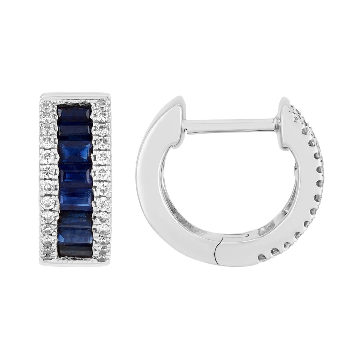 Baguette Sapphire & Round Diamond Channel Set Huggie Hoop Earrings in White Gold