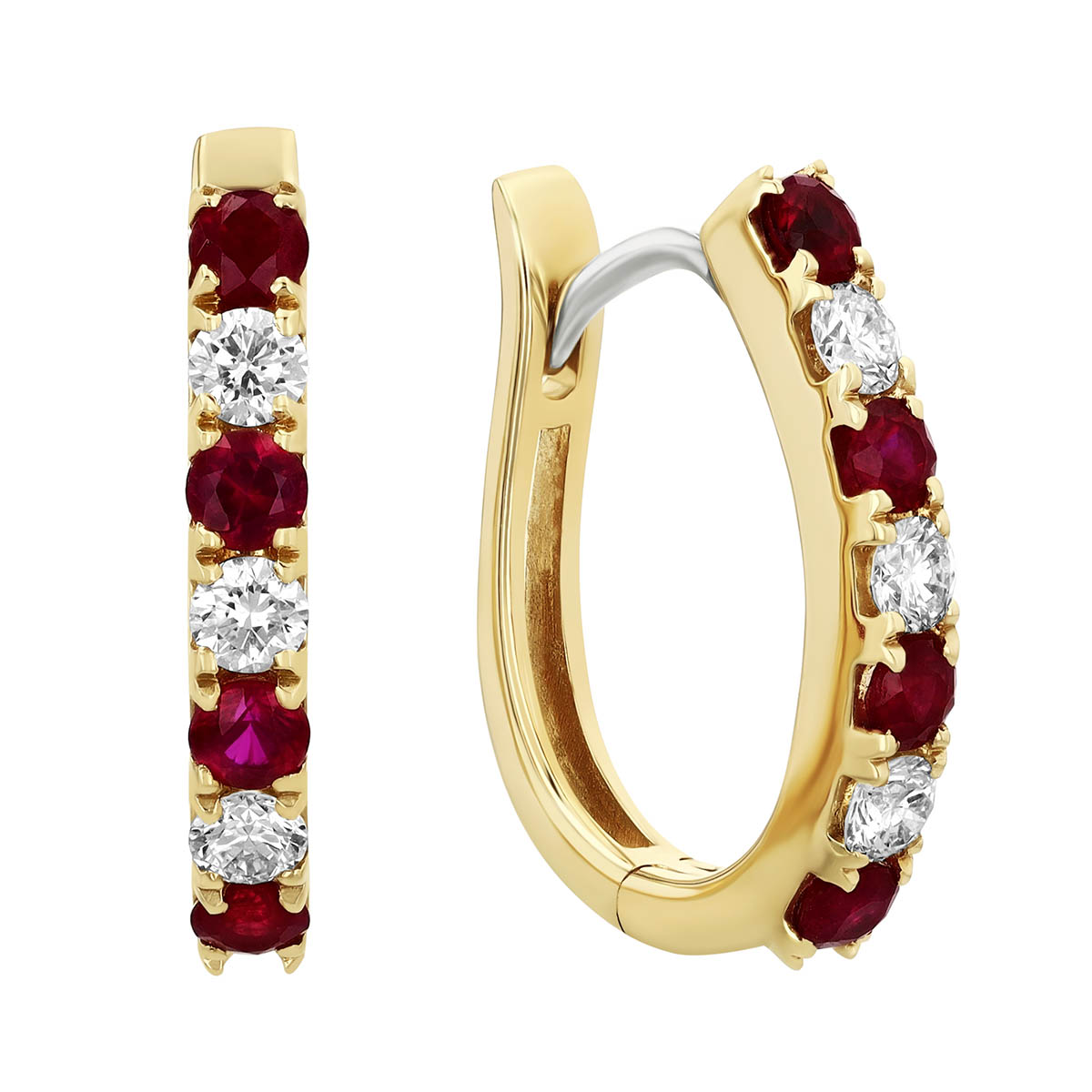 Round Ruby & Diamond Hoop Earrings in Yellow Gold