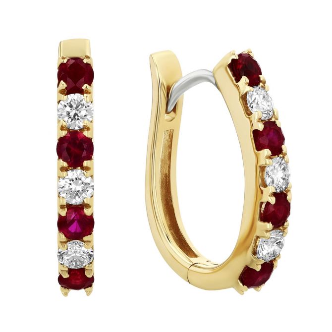 Round Ruby & Diamond Hoop Earrings in Yellow Gold