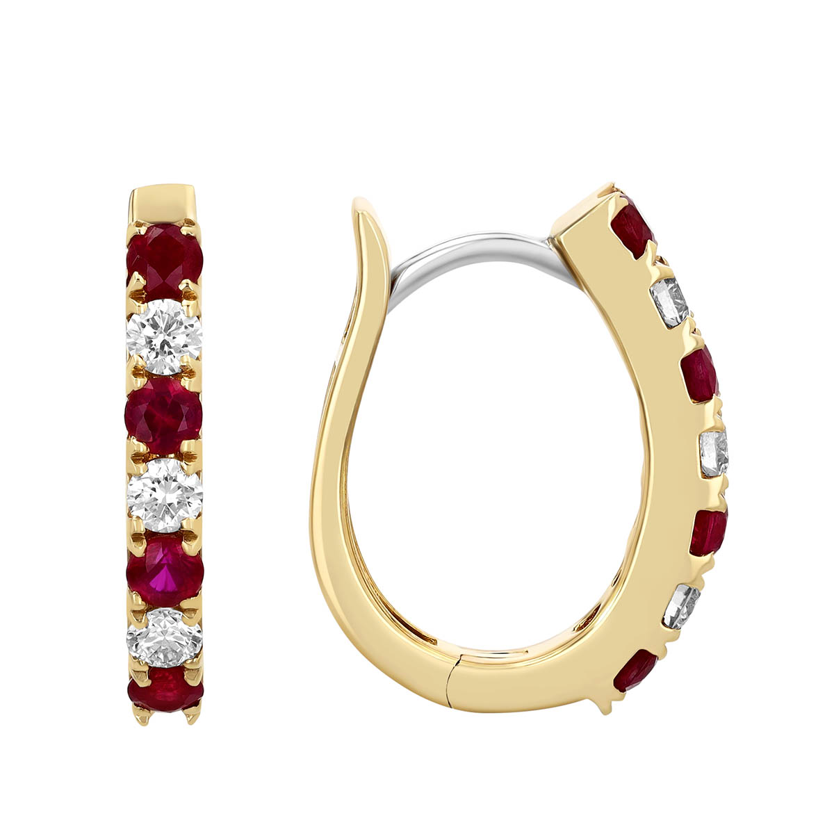 Round Ruby & Diamond Hoop Earrings in Yellow Gold