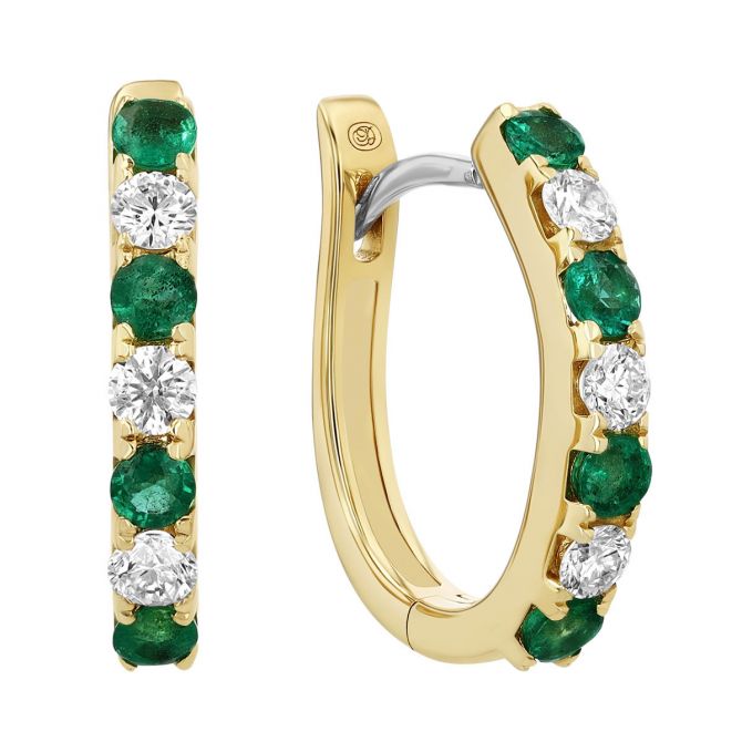 Round Emerald & Diamond Hoop Earrings in Yellow Gold