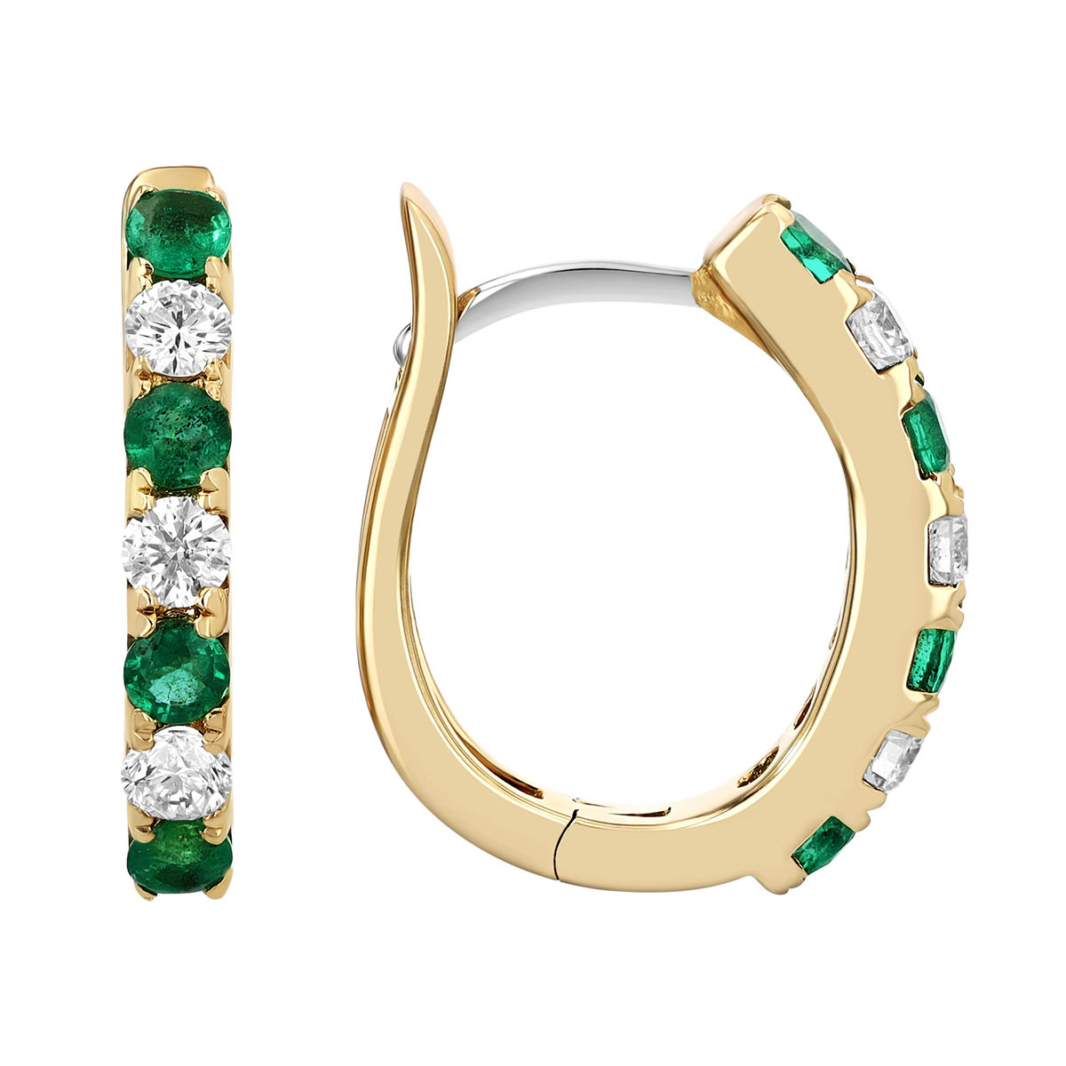 Round Emerald & Diamond Hoop Earrings in Yellow Gold