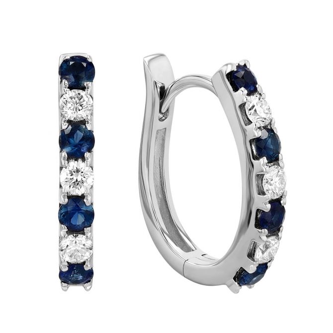 Round Sapphire & Diamond Hoop Earrings in White Gold