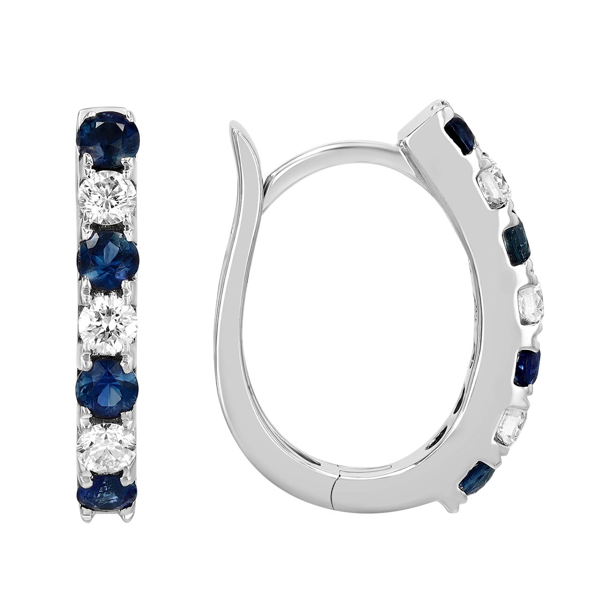 Round Sapphire & Diamond Hoop Earrings in White Gold