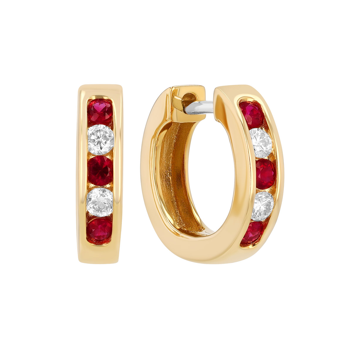 Round Ruby & Diamond Channel Set Huggie Hoop Earrings in Yellow Gold