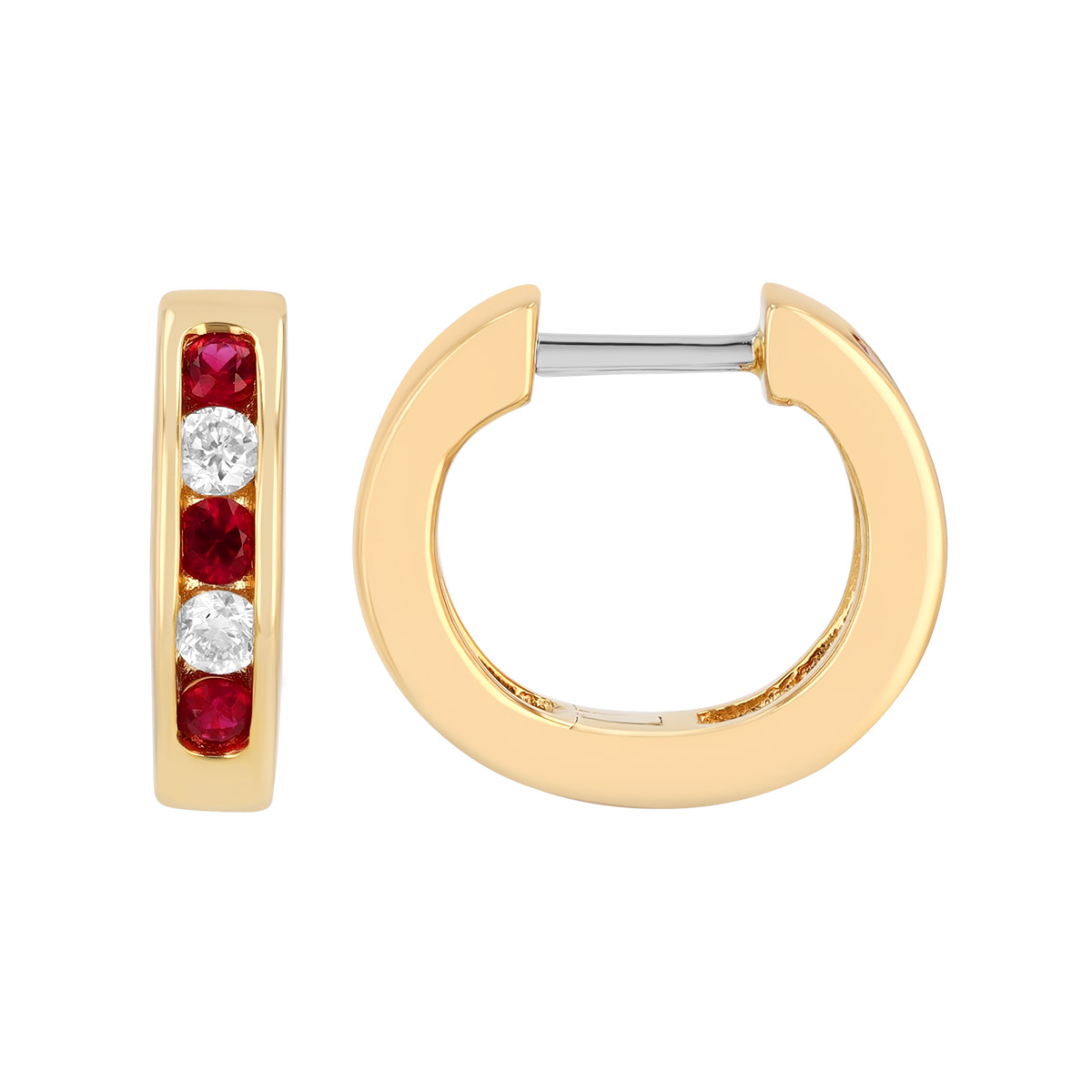 Round Ruby & Diamond Channel Set Huggie Hoop Earrings in Yellow Gold