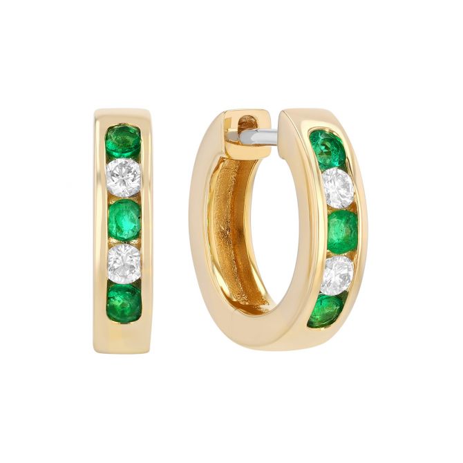 Round Emerald & Diamond Channel Set Huggie Hoop Earrings in Yellow Gold