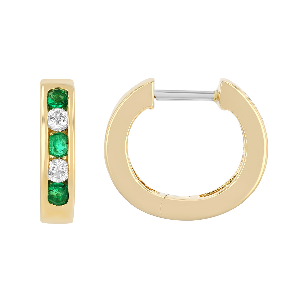 Round Emerald & Diamond Channel Set Huggie Hoop Earrings in Yellow Gold