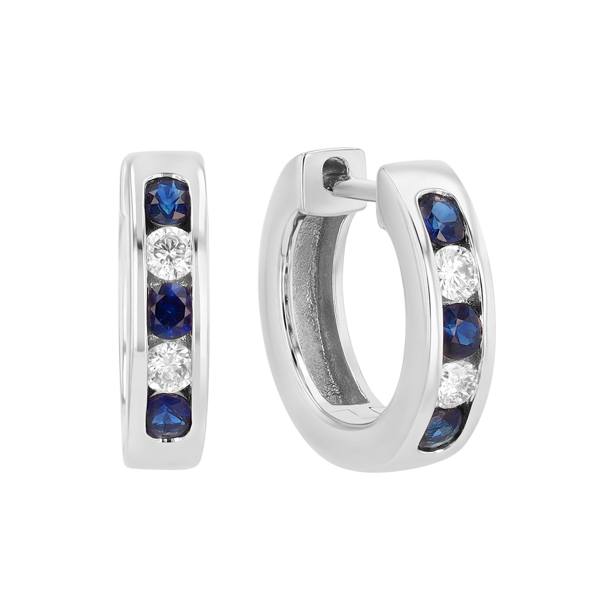 Round Sapphire & Diamond Channel Set Huggie Hoop Earrings in White Gold