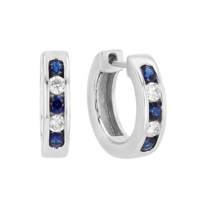Round Sapphire & Diamond Channel Set Huggie Hoop Earrings in White Gold