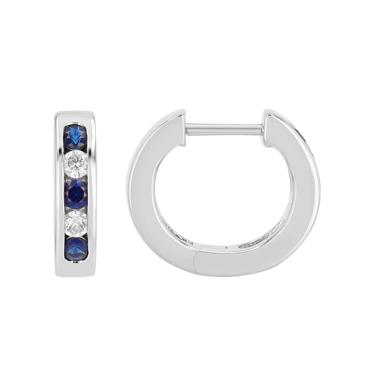 Round Sapphire & Diamond Channel Set Huggie Hoop Earrings in White Gold