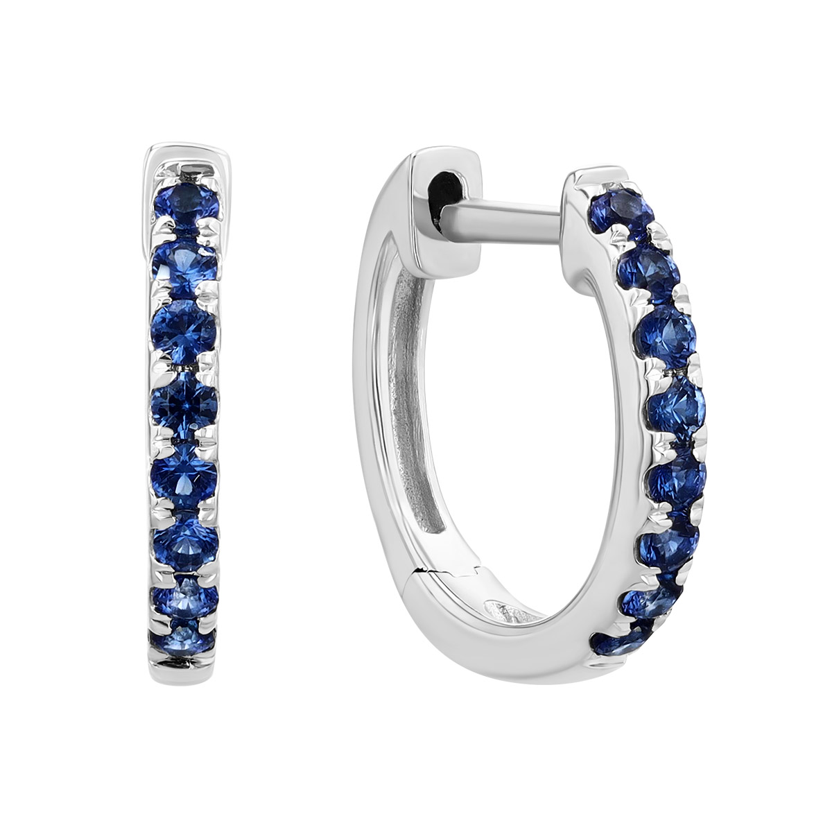 Round Sapphire Huggie Hoop Earrings in White Gold