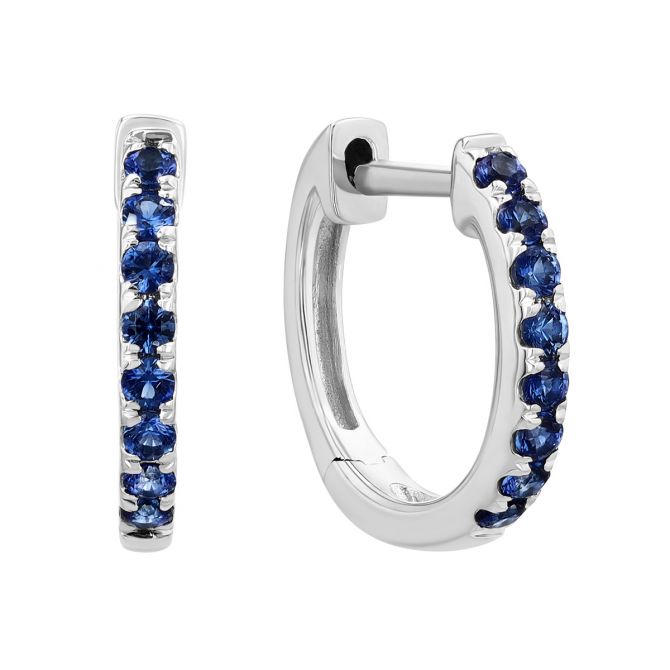 Round Sapphire Huggie Hoop Earrings in White Gold