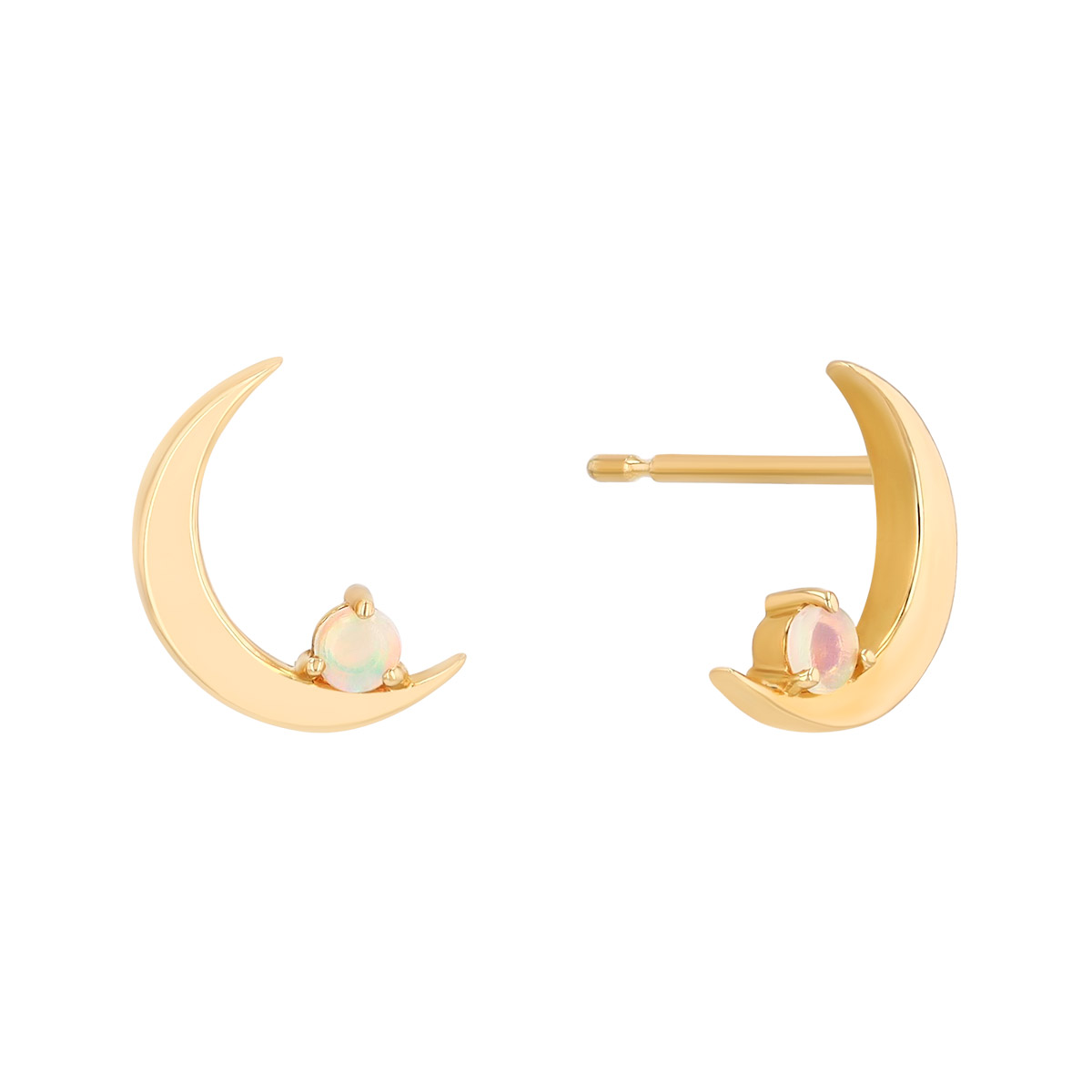 Round Cabochon Opal Crescent Moon Stud Earrings in Yellow Gold