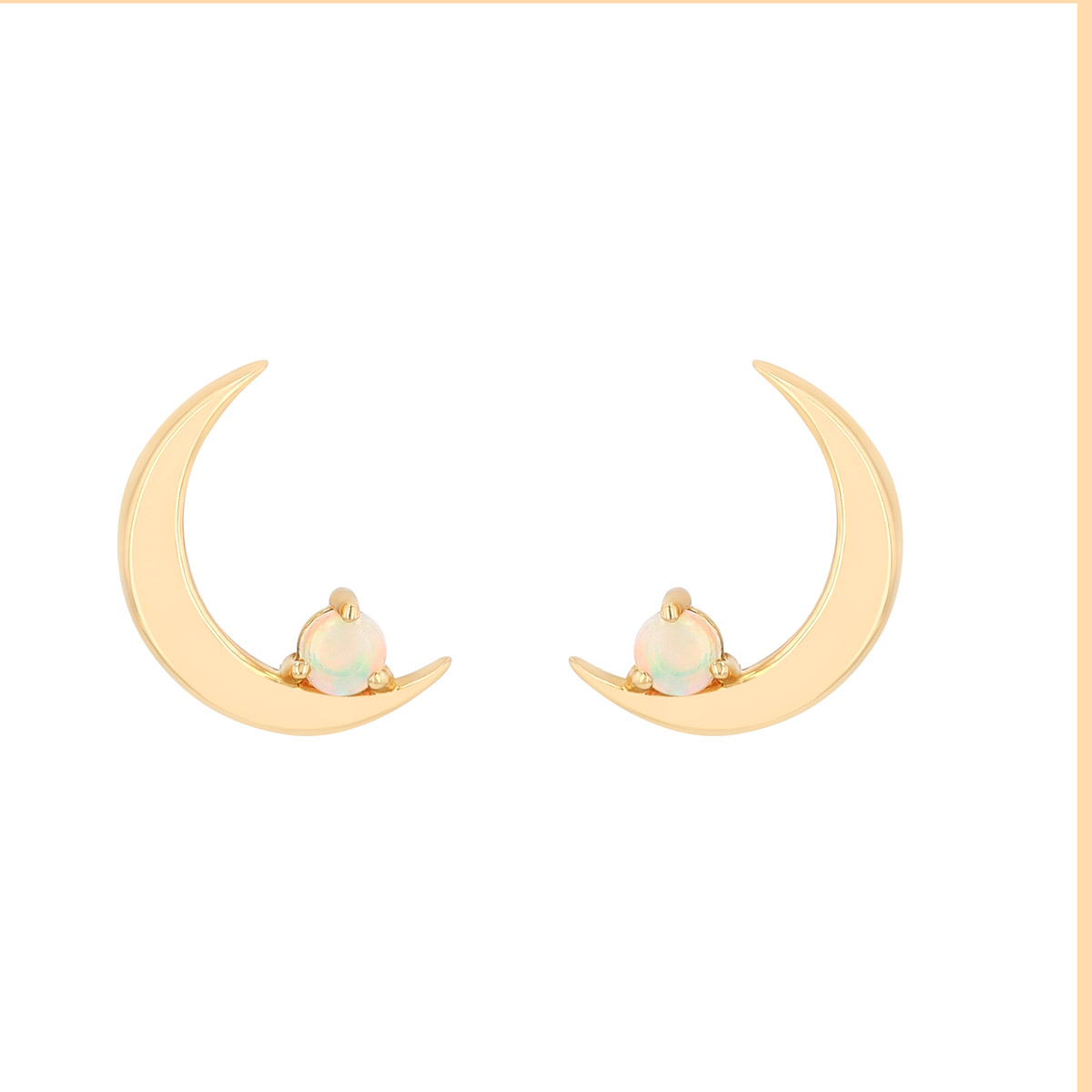 Round Cabochon Opal Crescent Moon Stud Earrings in Yellow Gold