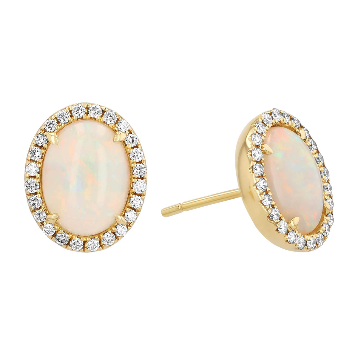 Oval Cabochon Opal & Diamond Halo Stud Earrings in Yellow Gold