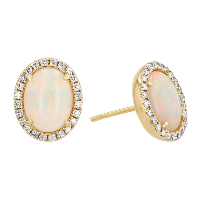 Oval Cabochon Opal & Diamond Halo Stud Earrings in Yellow Gold