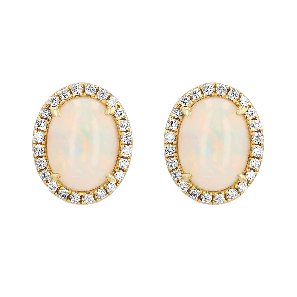 Oval Cabochon Opal & Diamond Halo Stud Earrings in Yellow Gold