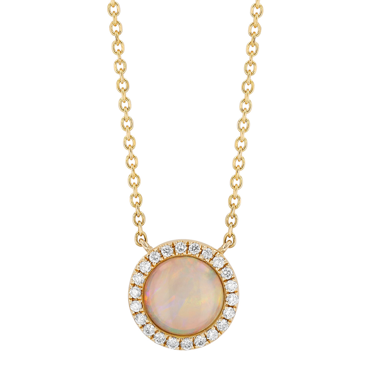 Oval Cabochon Opal & Diamond Halo Stud Earrings in Yellow Gold