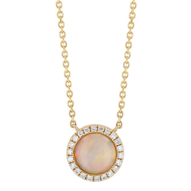 Round Cabochon Opal & Diamond Halo Pendant in Yellow Gold