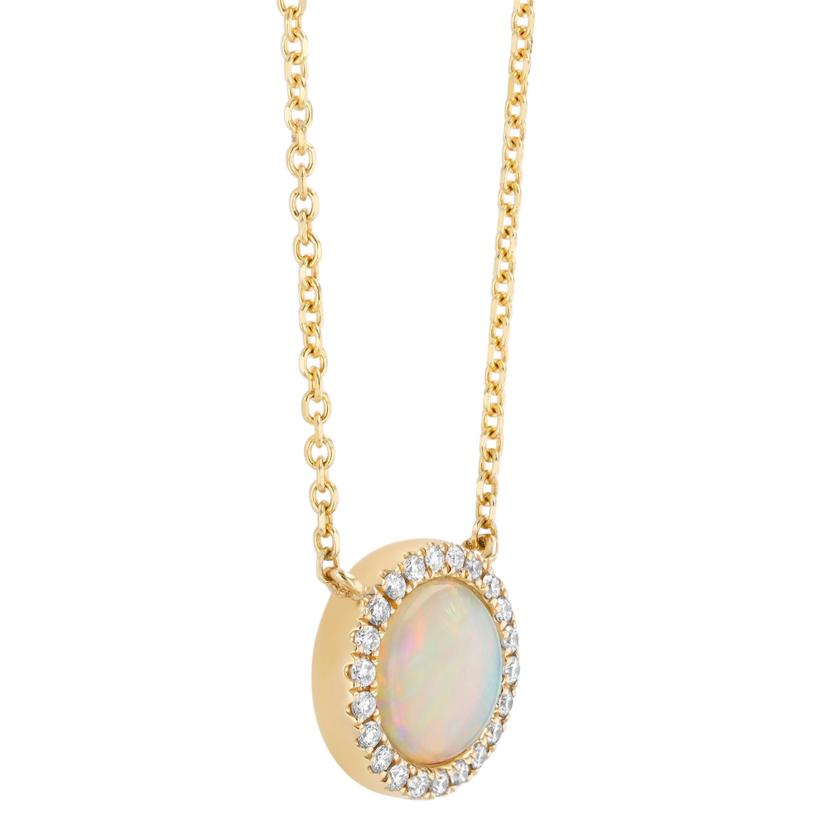 Round Cabochon Opal & Diamond Halo Pendant in Yellow Gold