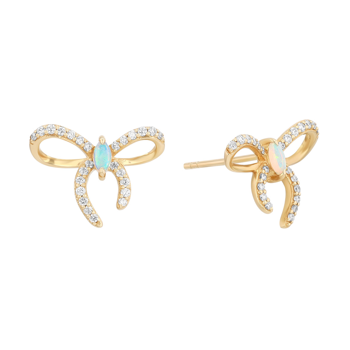 Marquise Opal & Diamond Bow Stud Earrings in Yellow Gold