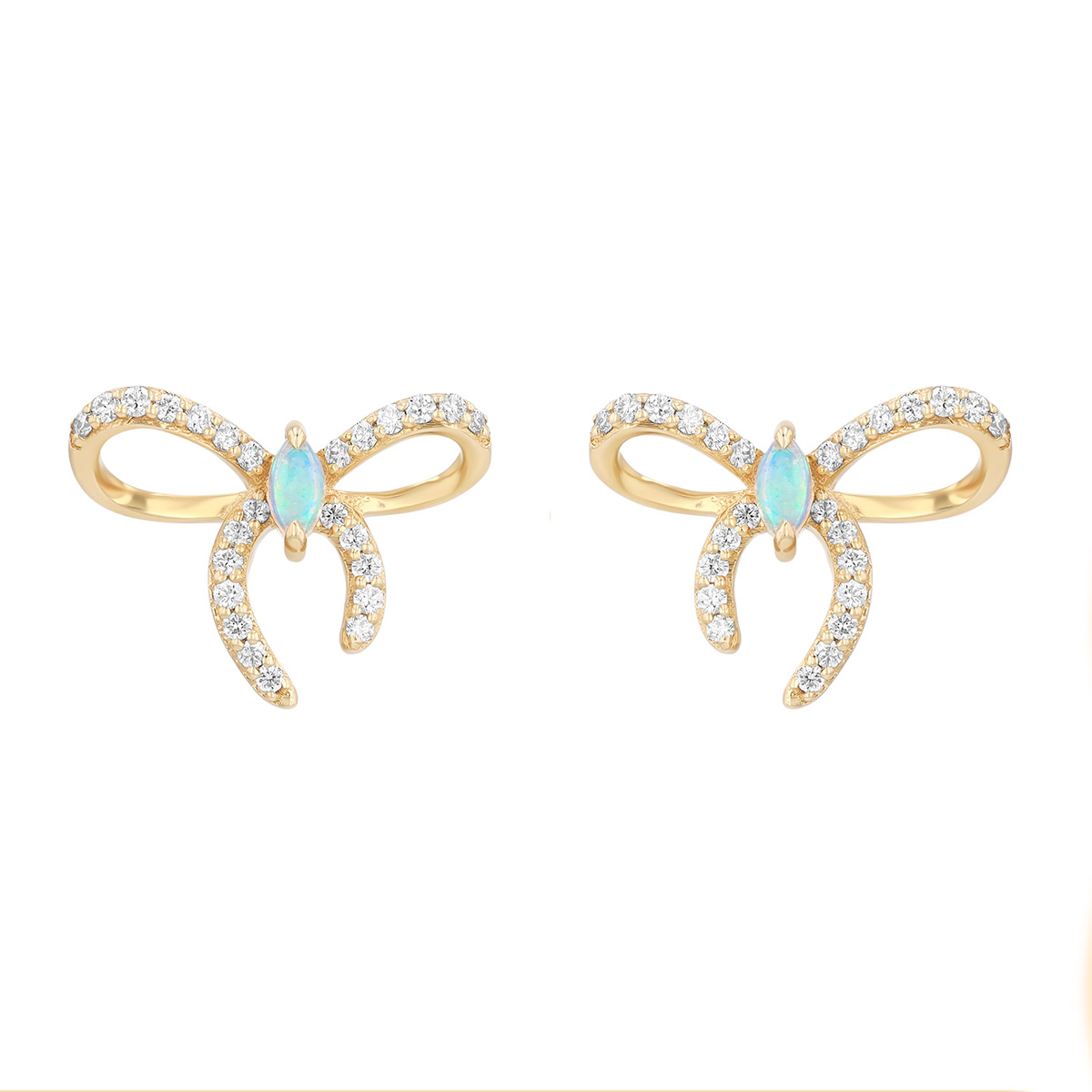 Marquise Opal & Diamond Bow Stud Earrings in Yellow Gold