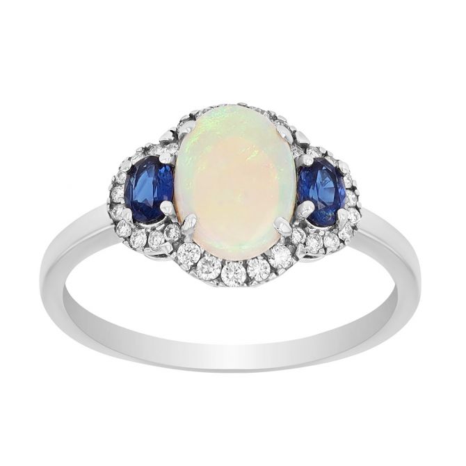 Mixed Gemstone & Diamond Halo Ring in White Gold
