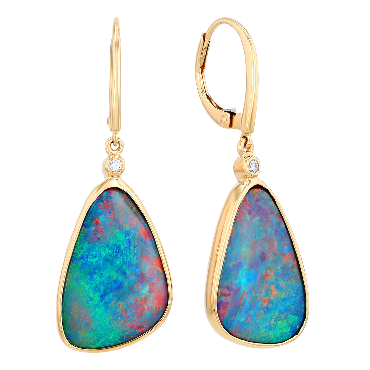 Bezel Set Opal & Diamond Dangle Earrings in Yellow Gold