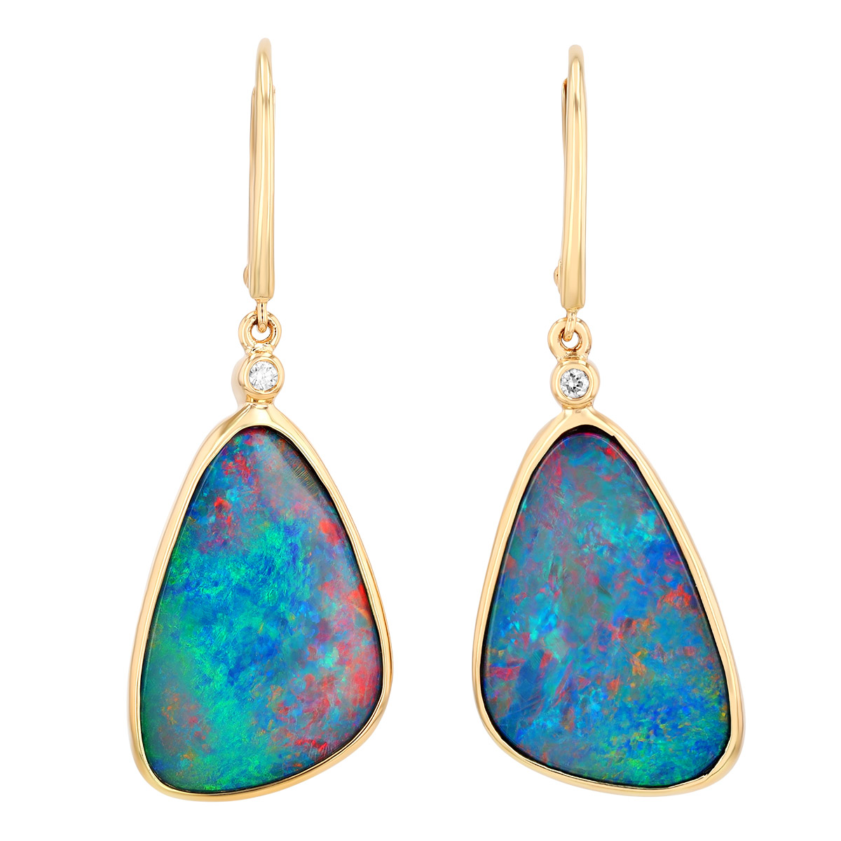 Bezel Set Opal & Diamond Dangle Earrings in Yellow Gold