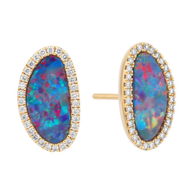 Opal & Diamond Halo Stud Earrings in Yellow Gold