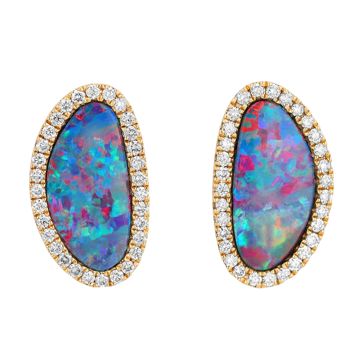 Opal & Diamond Halo Stud Earrings in Yellow Gold