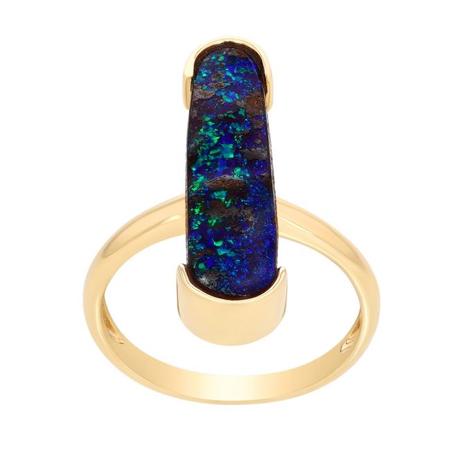 Split Bezel Elongated Oval Boulder Opal Ring in Yellow Gold