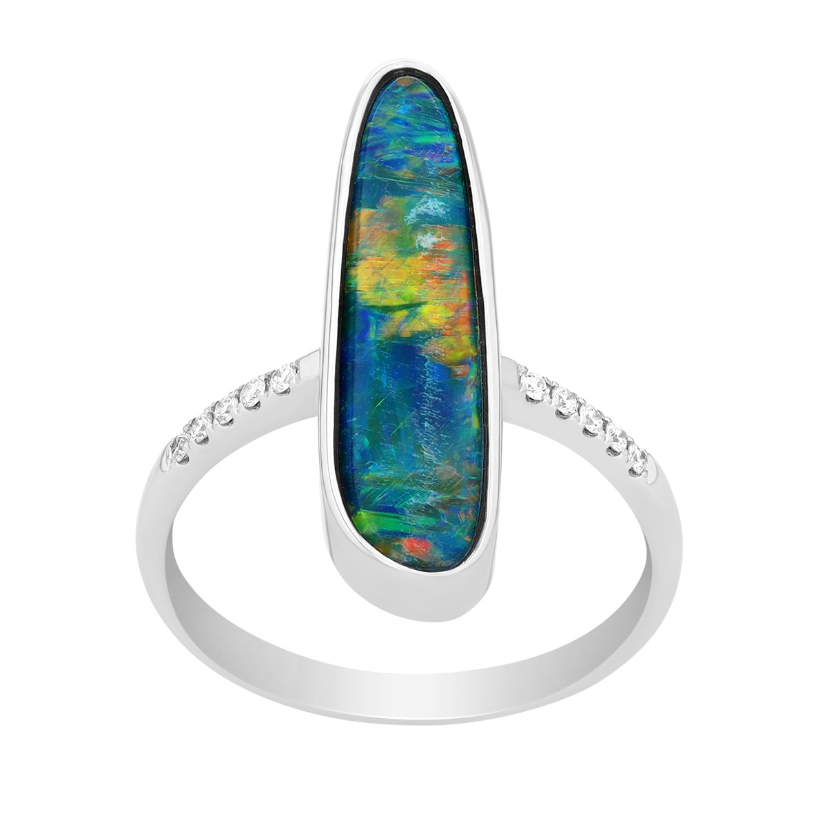Bezel Set Elongated Oval Opal & Diamond Ring in White Gold