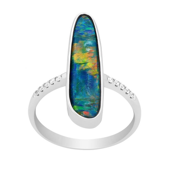 Bezel Set Elongated Oval Opal & Diamond Ring in White Gold