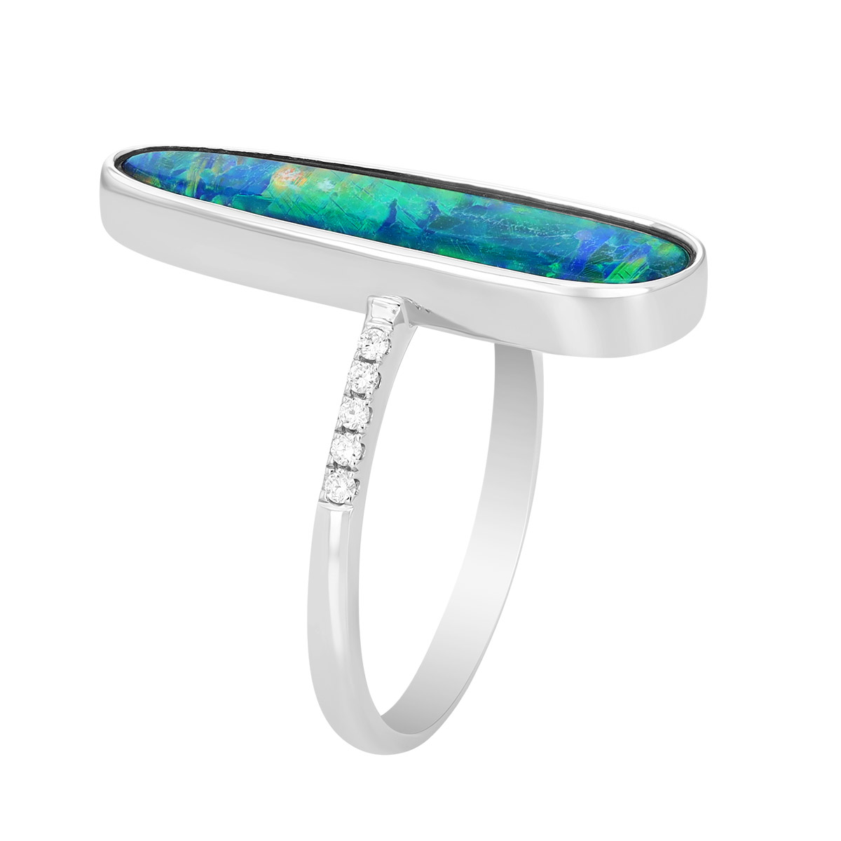 Bezel Set Elongated Oval Opal & Diamond Ring in White Gold