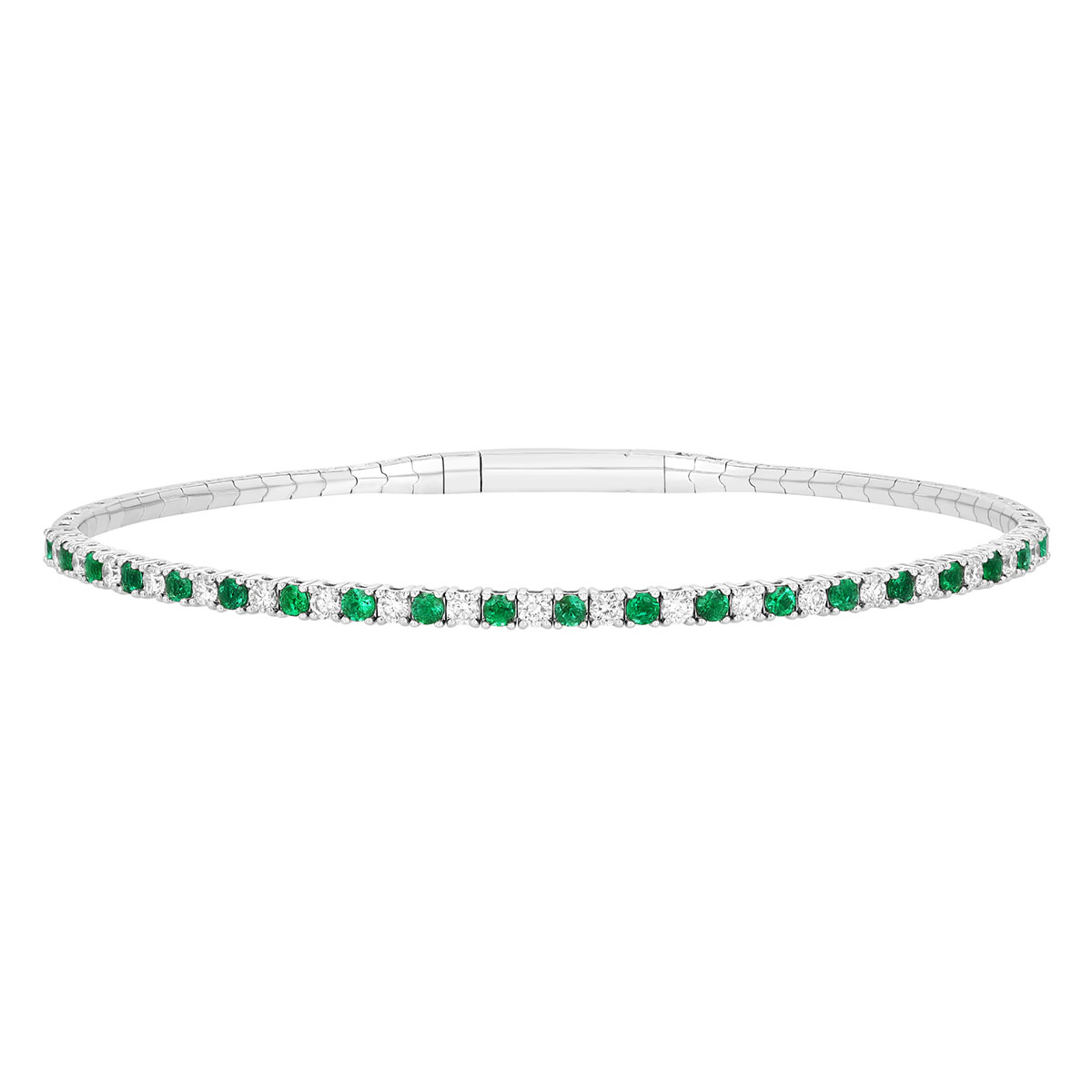 Round Emerald & Diamond Flex Tennis Bracelet in White Gold, 6.5