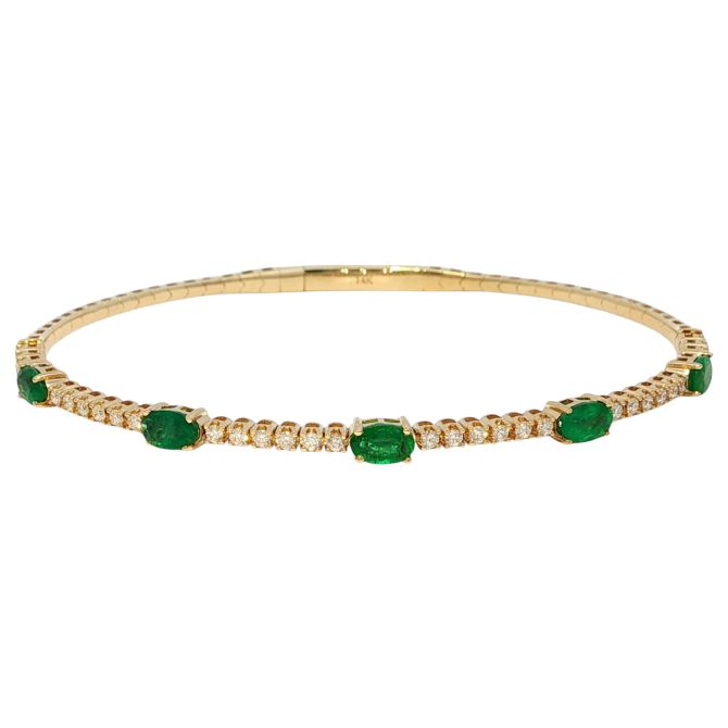 Oval Emerald & Station & Round Diamond Bracelet in Yellow Gold, 6.5"
