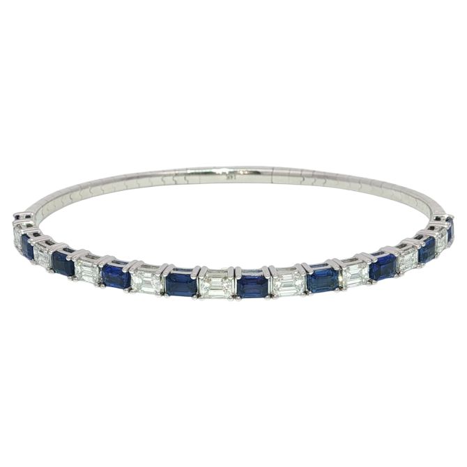 Emerald Cut Sapphire & Diamond Bracelet in White Gold, 6.75"