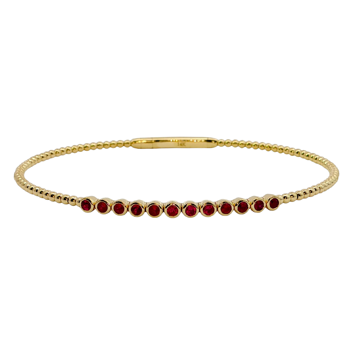 Bezel Set Round Ruby Beaded Bracelet in Yellow Gold, 6.75