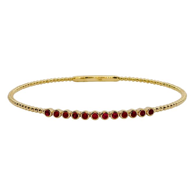 Bezel Set Round Ruby Beaded Bracelet in Yellow Gold, 6.75"