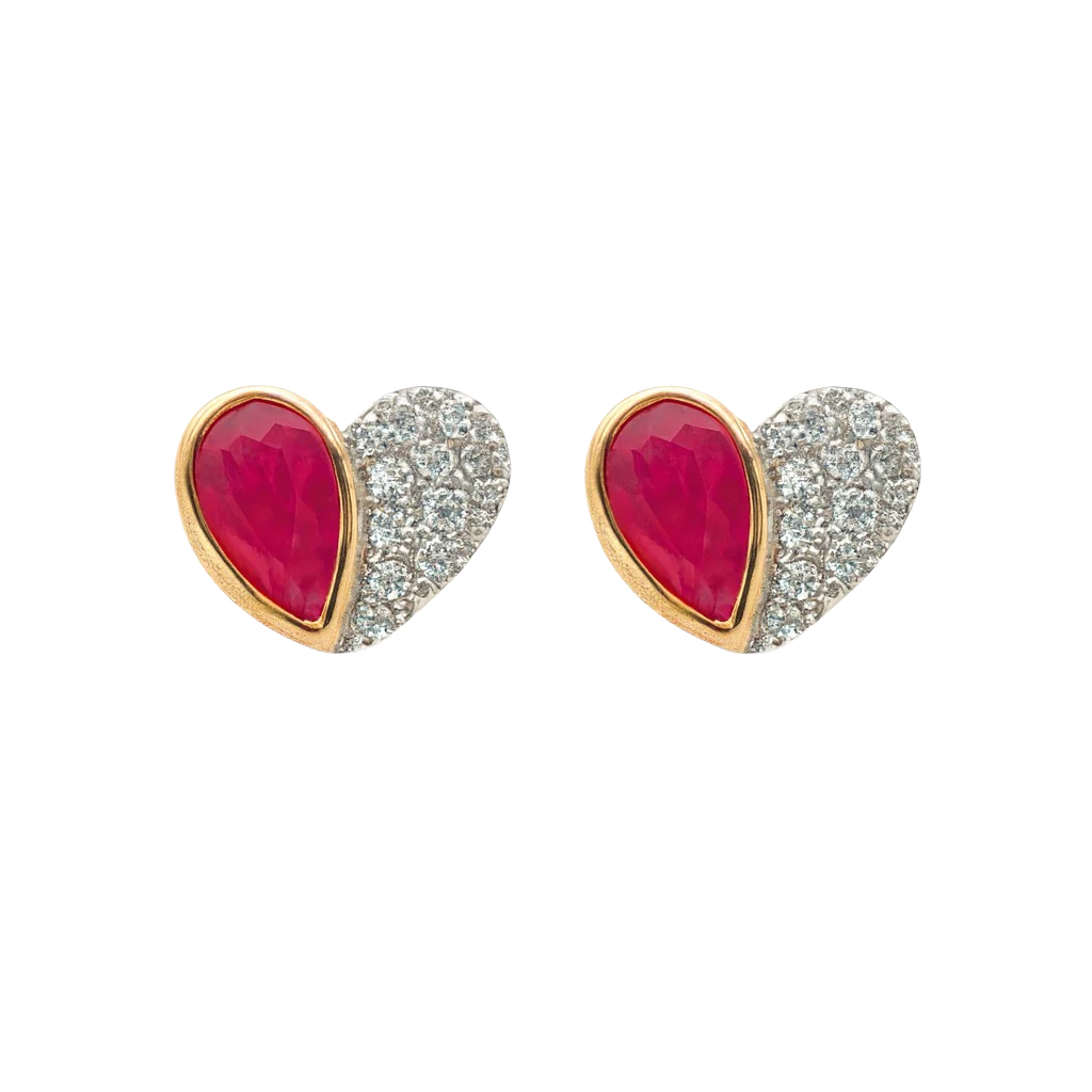 Pear Shape Ruby & Diamond Heart Stud Earrings in Yellow Gold
