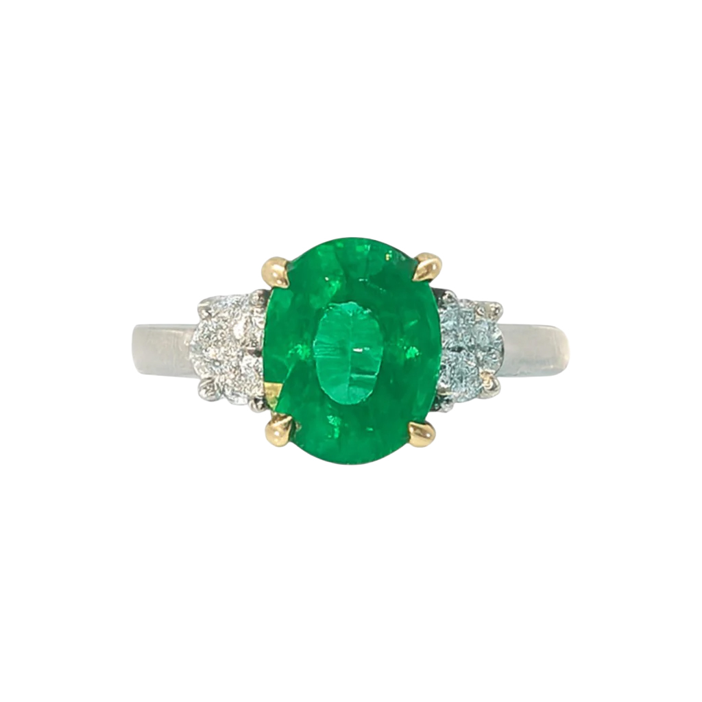 Oval Emerald & Half Moon Diamond 3 Stone Ring in Platinum & Yellow Gold