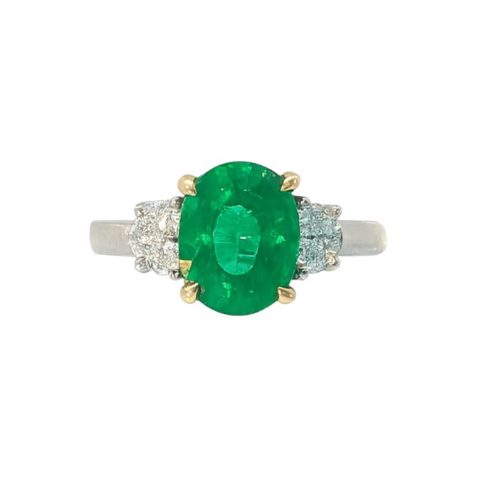 Oval Emerald & Half Moon Diamond 3 Stone Ring in Platinum & Yellow Gold