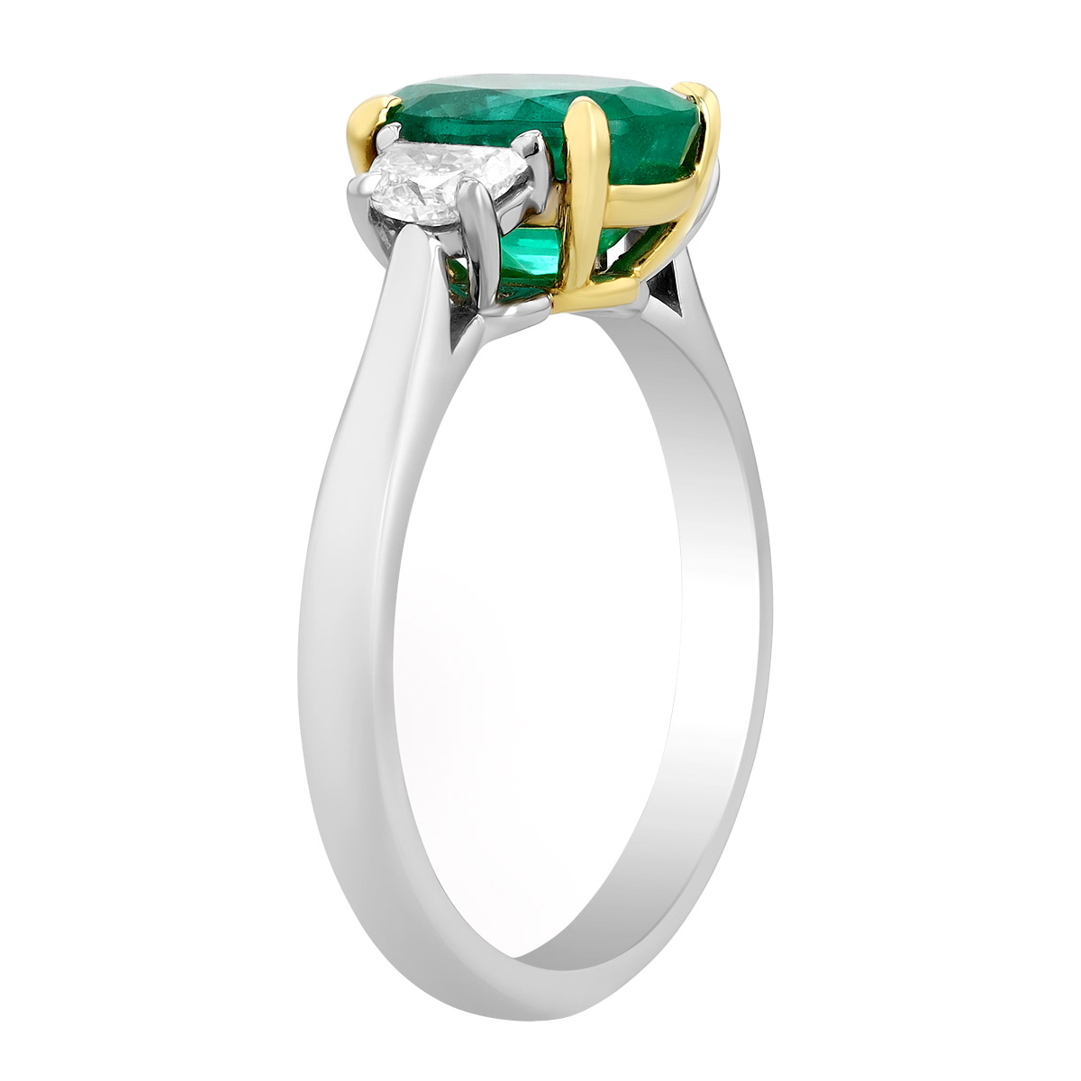 Oval Emerald & Half Moon Diamond 3 Stone Ring in Platinum & Yellow Gold