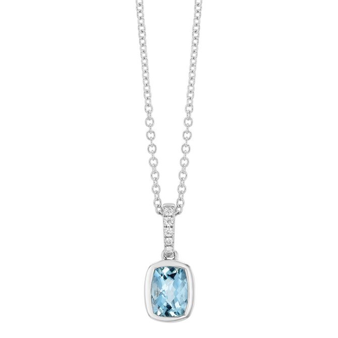 Bezel Set Cushion Checkerboard Aquamarine & Diamond Pendant in White Gold, 18"