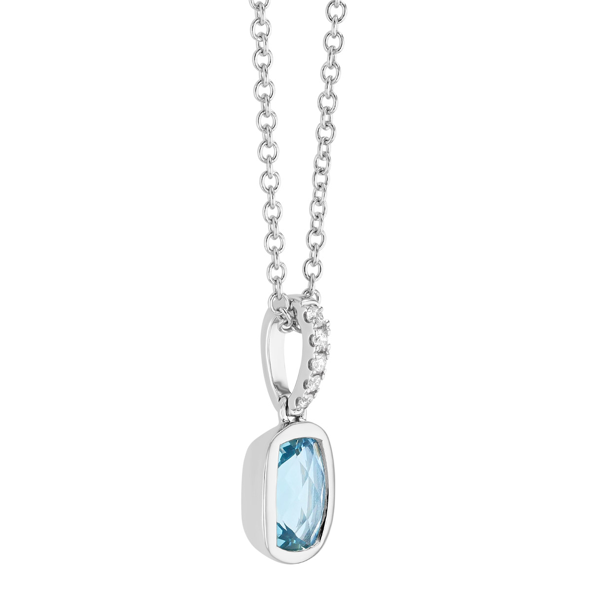 Bezel Set Cushion Checkerboard Aquamarine & Diamond Pendant in White Gold, 18