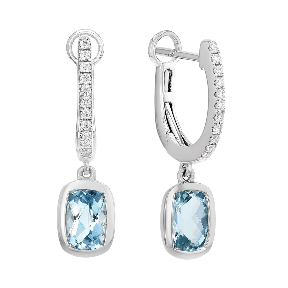 Bezel Set Cushion Checkerboard Aquamarine & Diamond Dangle Hoop Earrings in White Gold