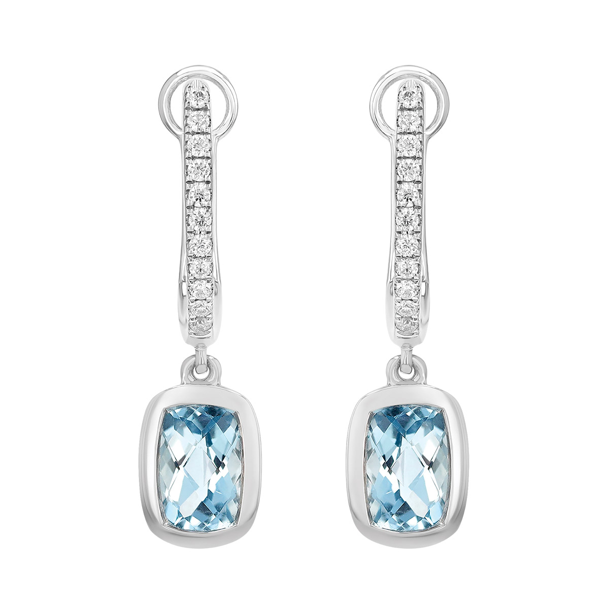 Bezel Set Cushion Checkerboard Aquamarine & Diamond Dangle Hoop Earrings in White Gold